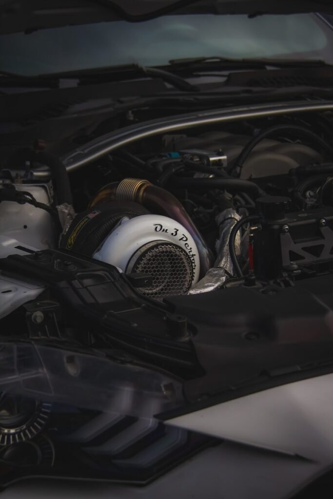 A close up of the engine of a car