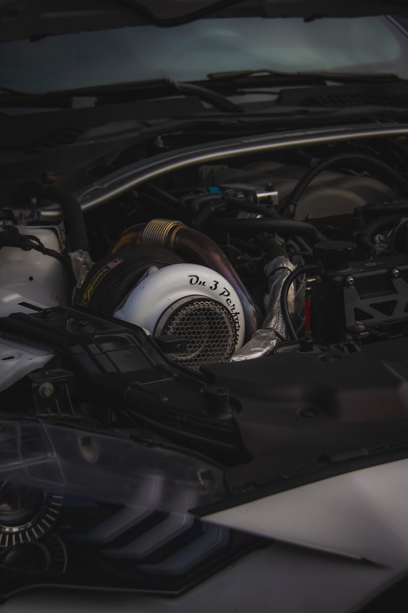 A close up of the engine of a car
