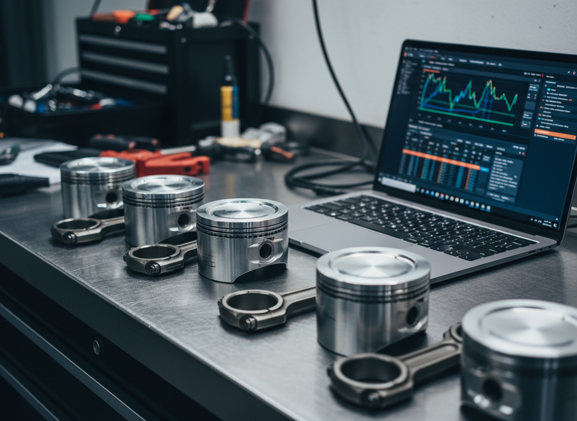 Forged engine pistons and connecting rods laid on a workbench next to a tuning laptop