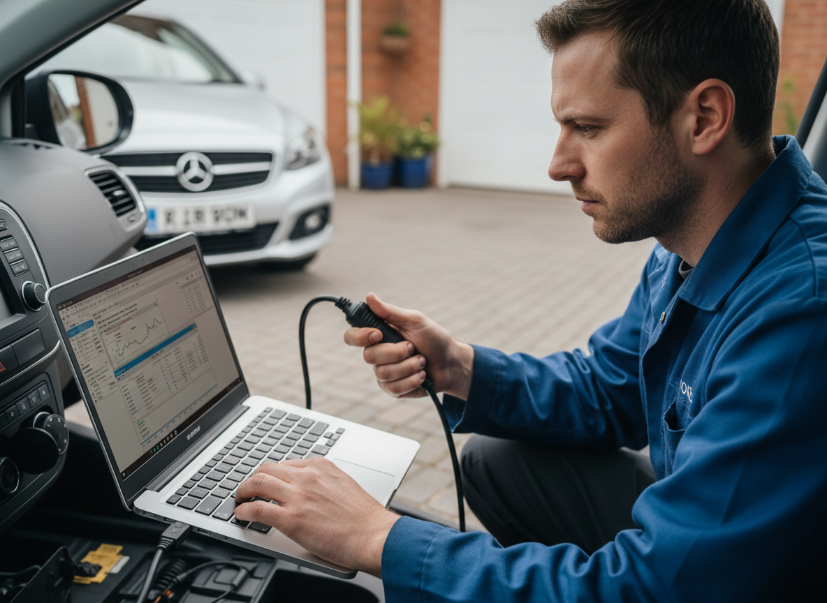 Mechanic reviewing ECU diagnostics on a laptop parked on a residential driveway