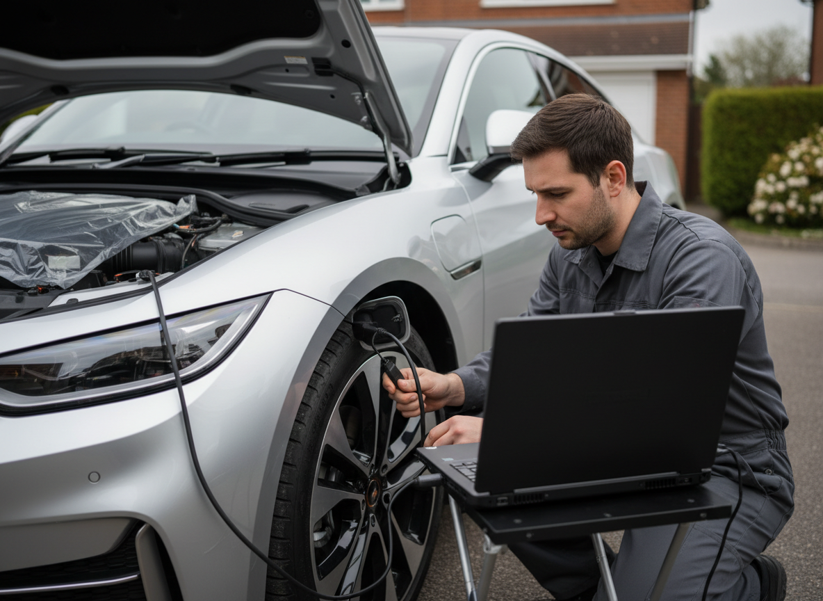 Technician connecting a laptop to an OBD port in a van's cab during a mobile remap session
