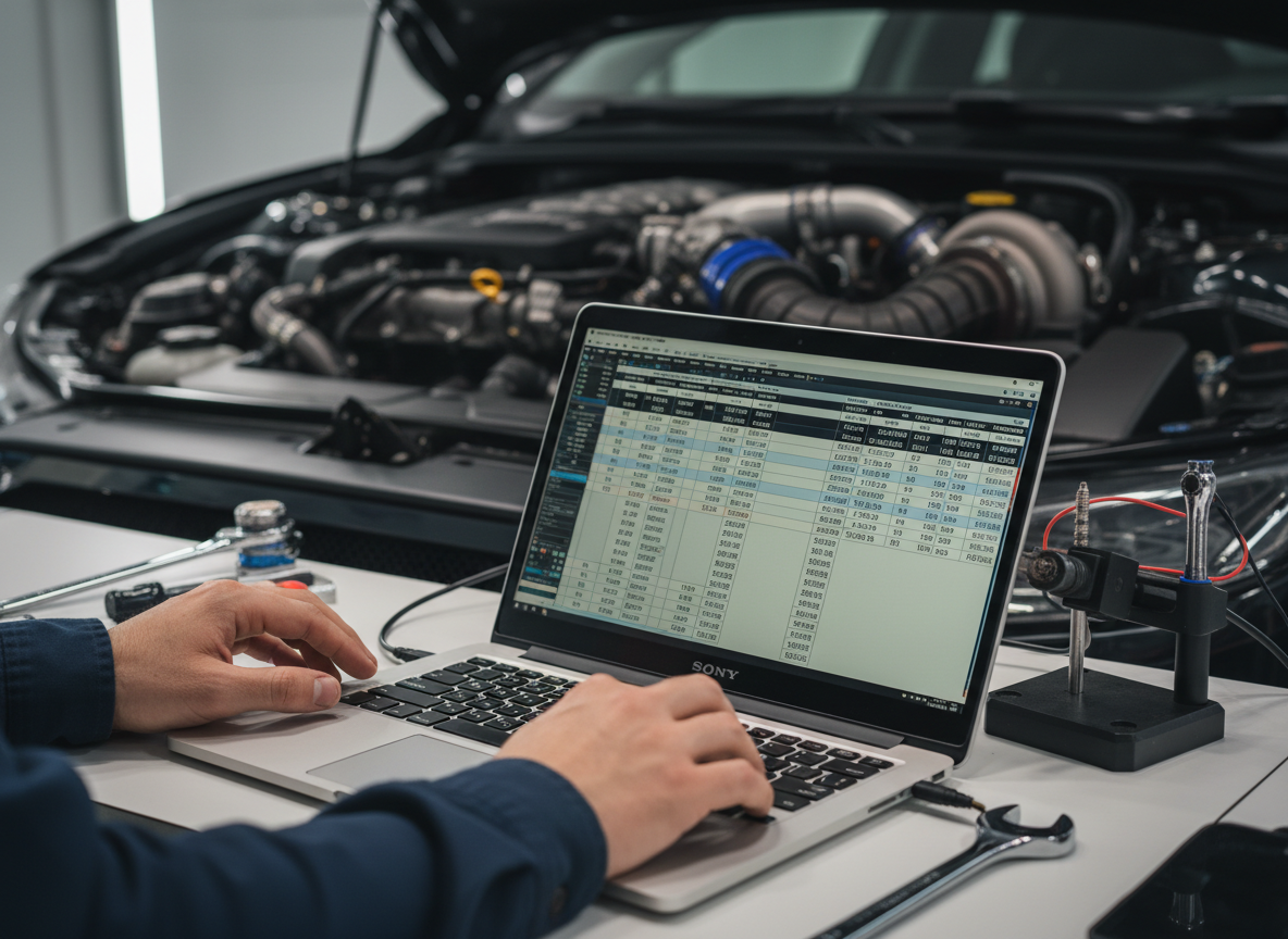 Tuner working on ECU maps on a laptop during a mobile remapping session