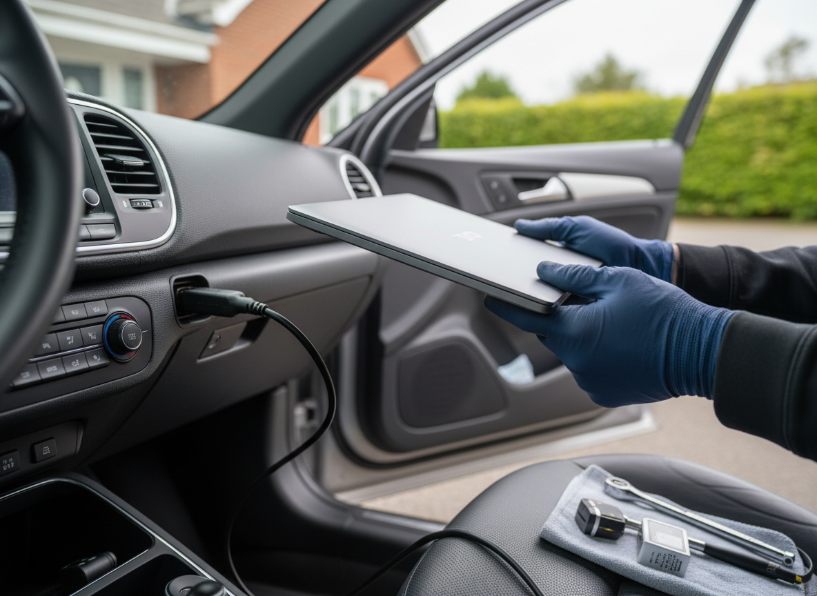 Technician using a diagnostic laptop inside a car cab connected to the OBD port