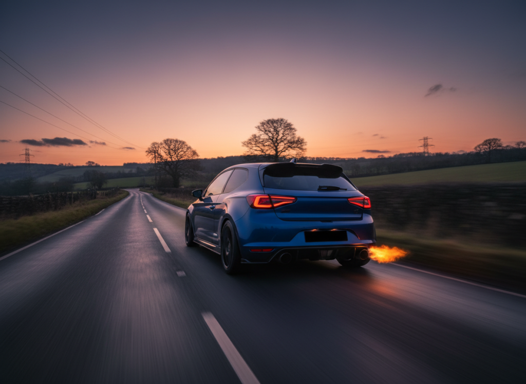 Turbo hatchback dusk overrun flame