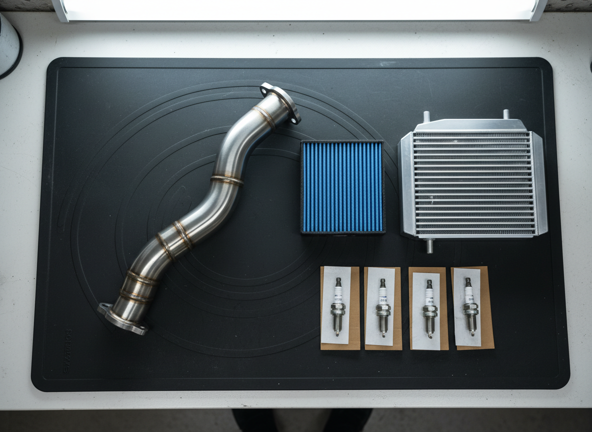 Turbocharger and engine parts on a bench showing the type of components affected by swirl flap failure
