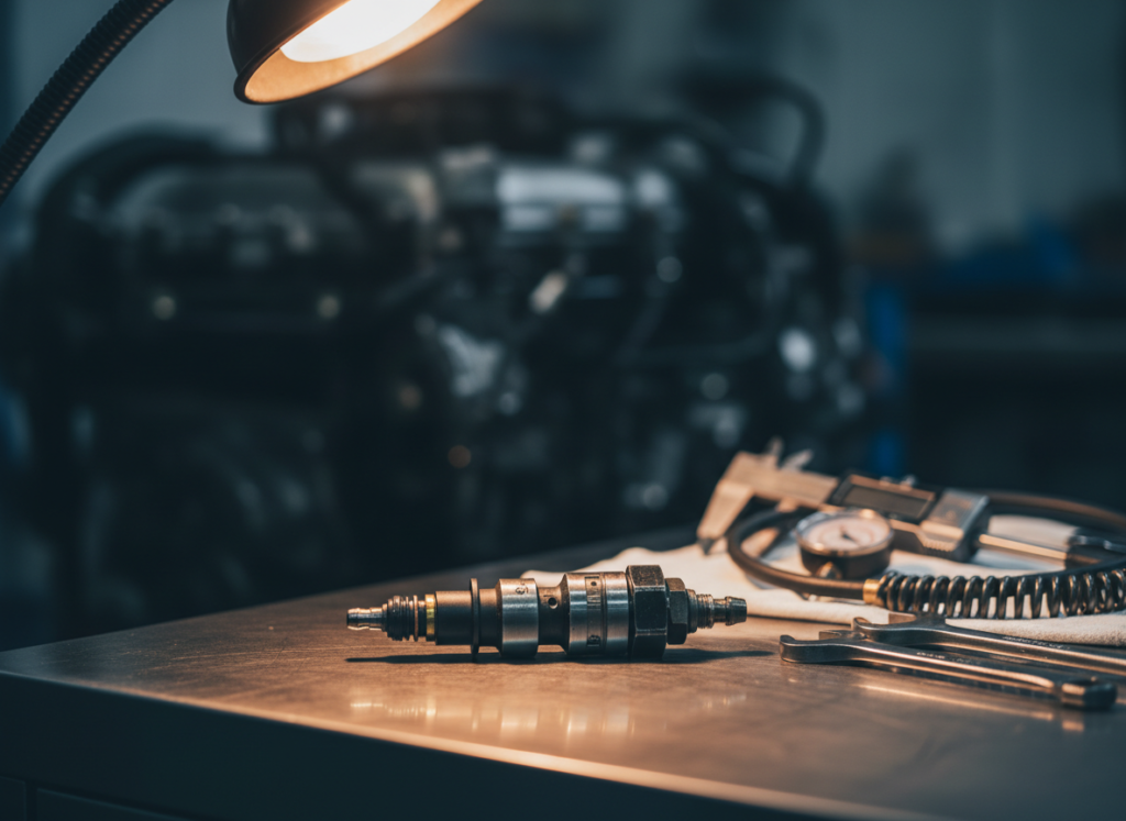 Diesel fuel injector being inspected on a workshop bench
