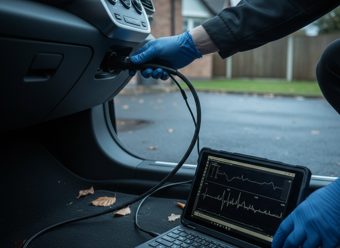 Technician's hands on a remapping laptop connected via OBD lead on a car driveway in overcast conditions