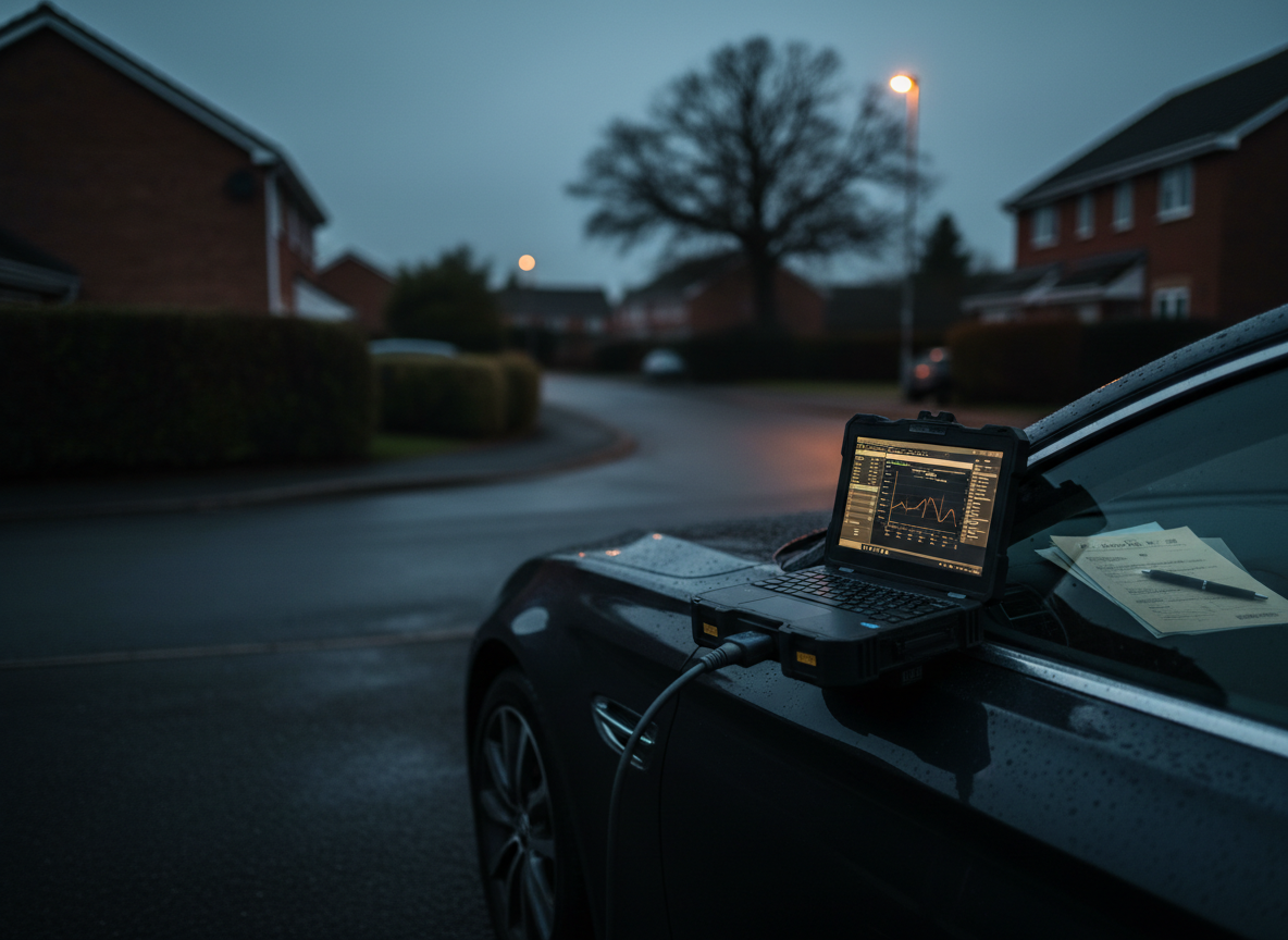 Mobile ECU remapping session using an OBD tool on a driveway at dusk