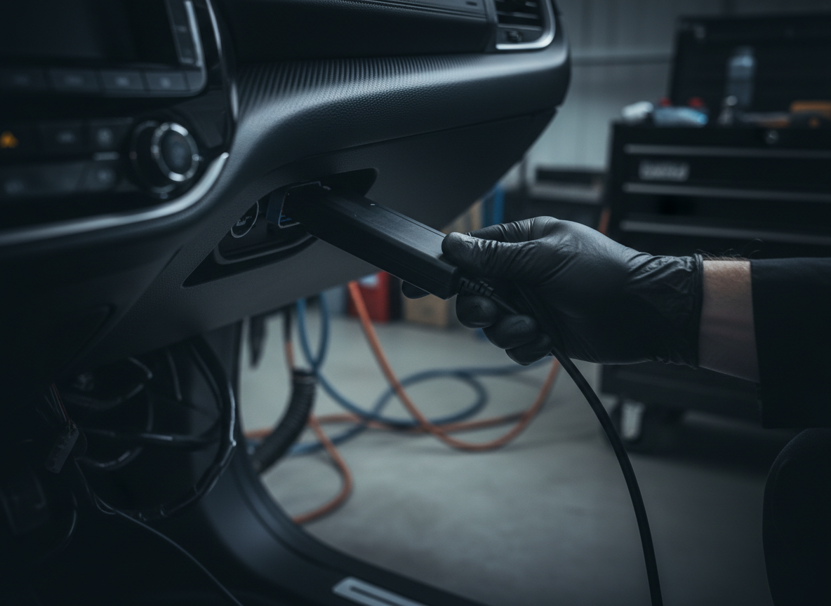 OBD diagnostic tool plugged under the dashboard to read fault codes associated with diesel oil burning