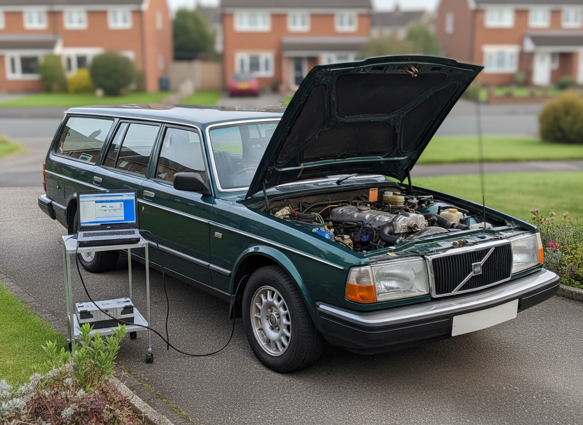 Diesel estate car parked on a driveway with diagnostic equipment connected for a DPF assessment