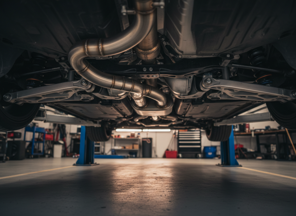 Stainless steel decat exhaust pipe fitted underneath a car