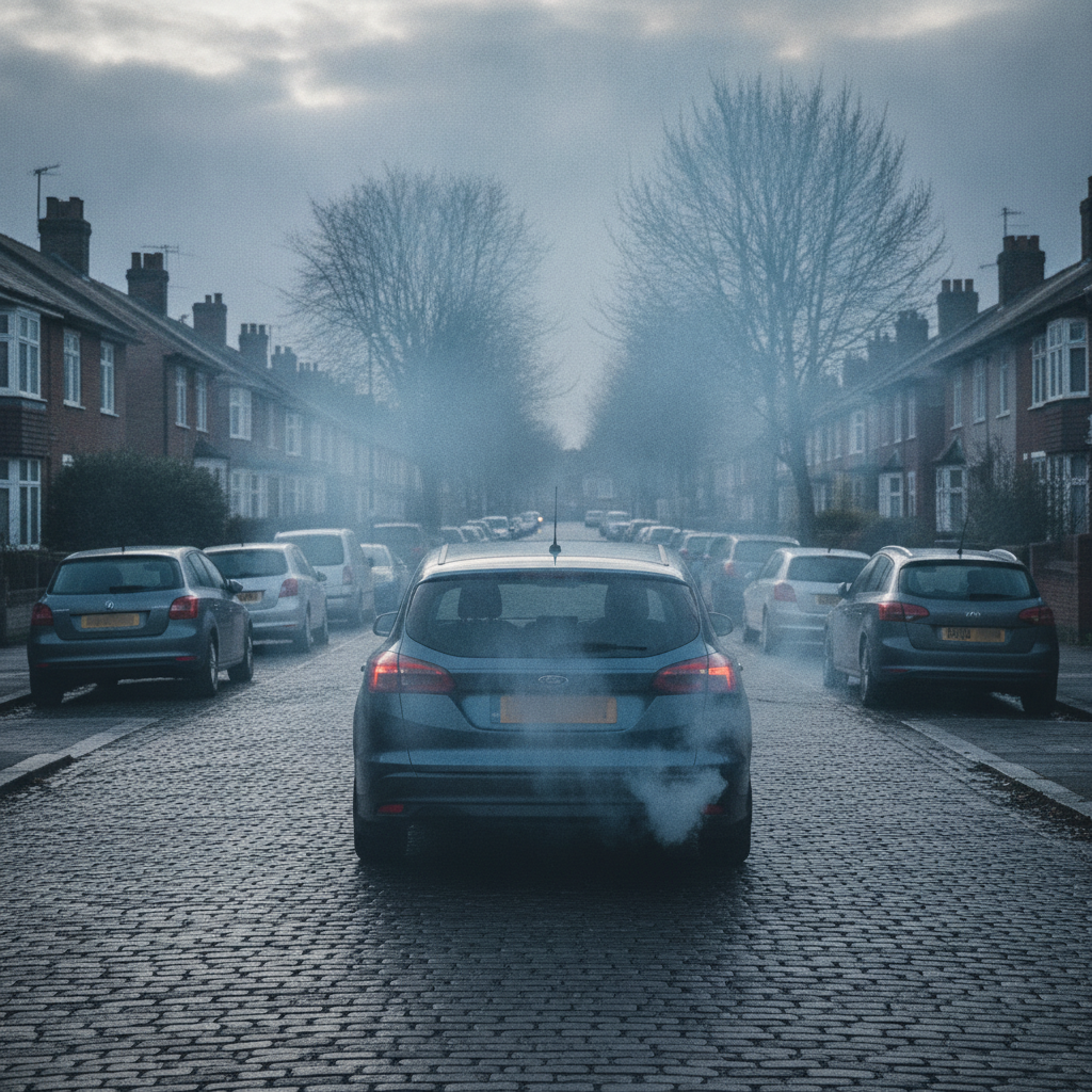 Diesel engine exhaust emitting blue smoke, a common sign of oil burning