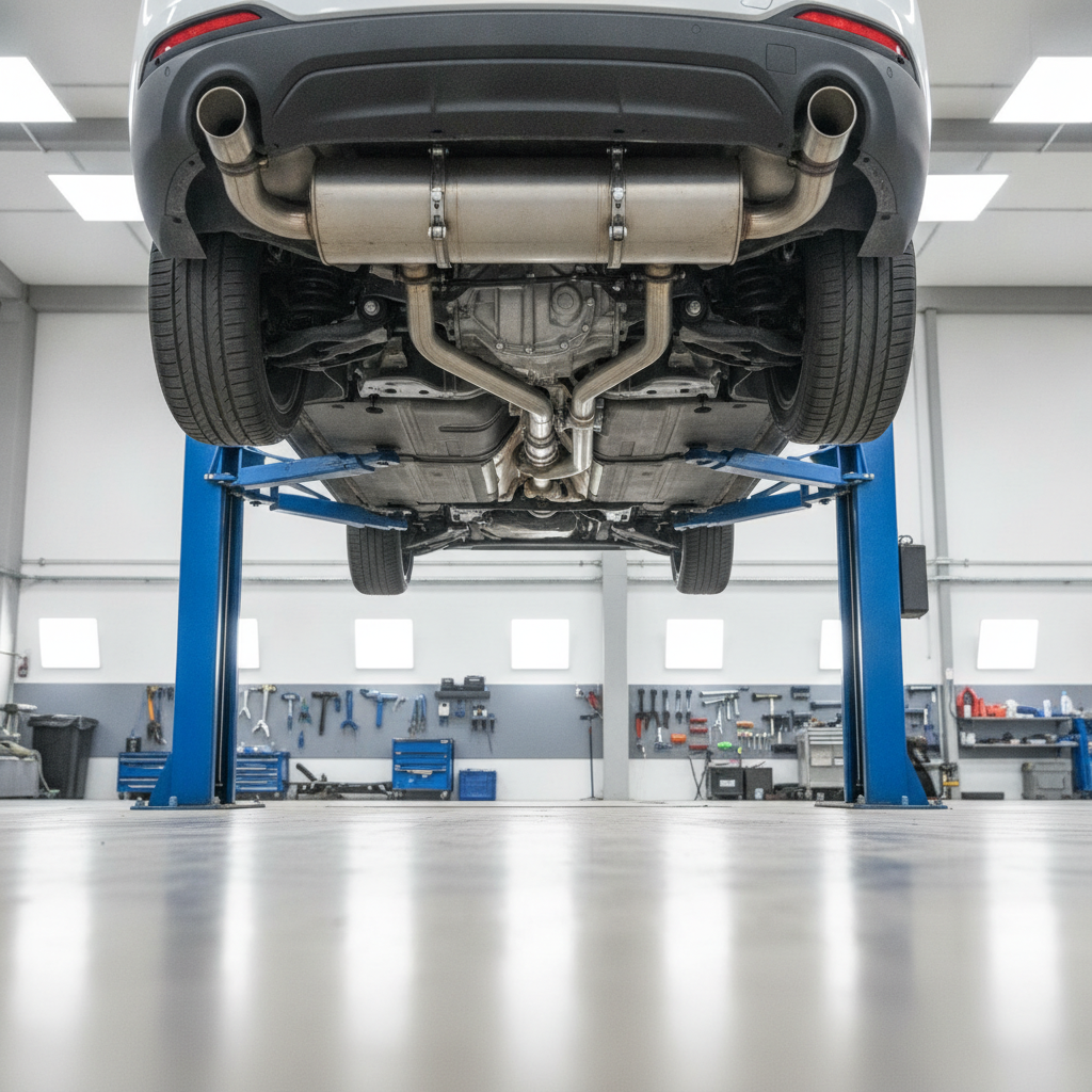 Diesel particulate filter visible in the exhaust system of a car raised on a workshop lift