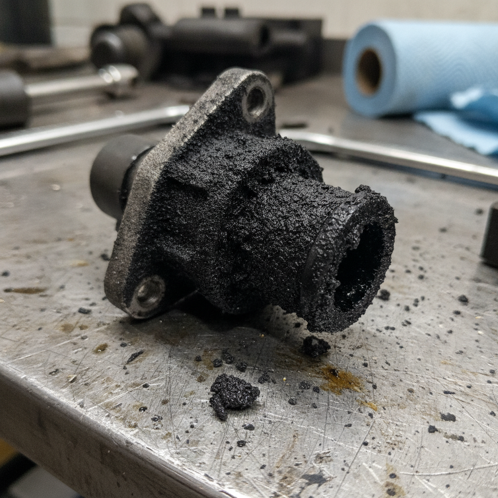 Carbon-fouled diesel EGR valve showing heavy soot deposits