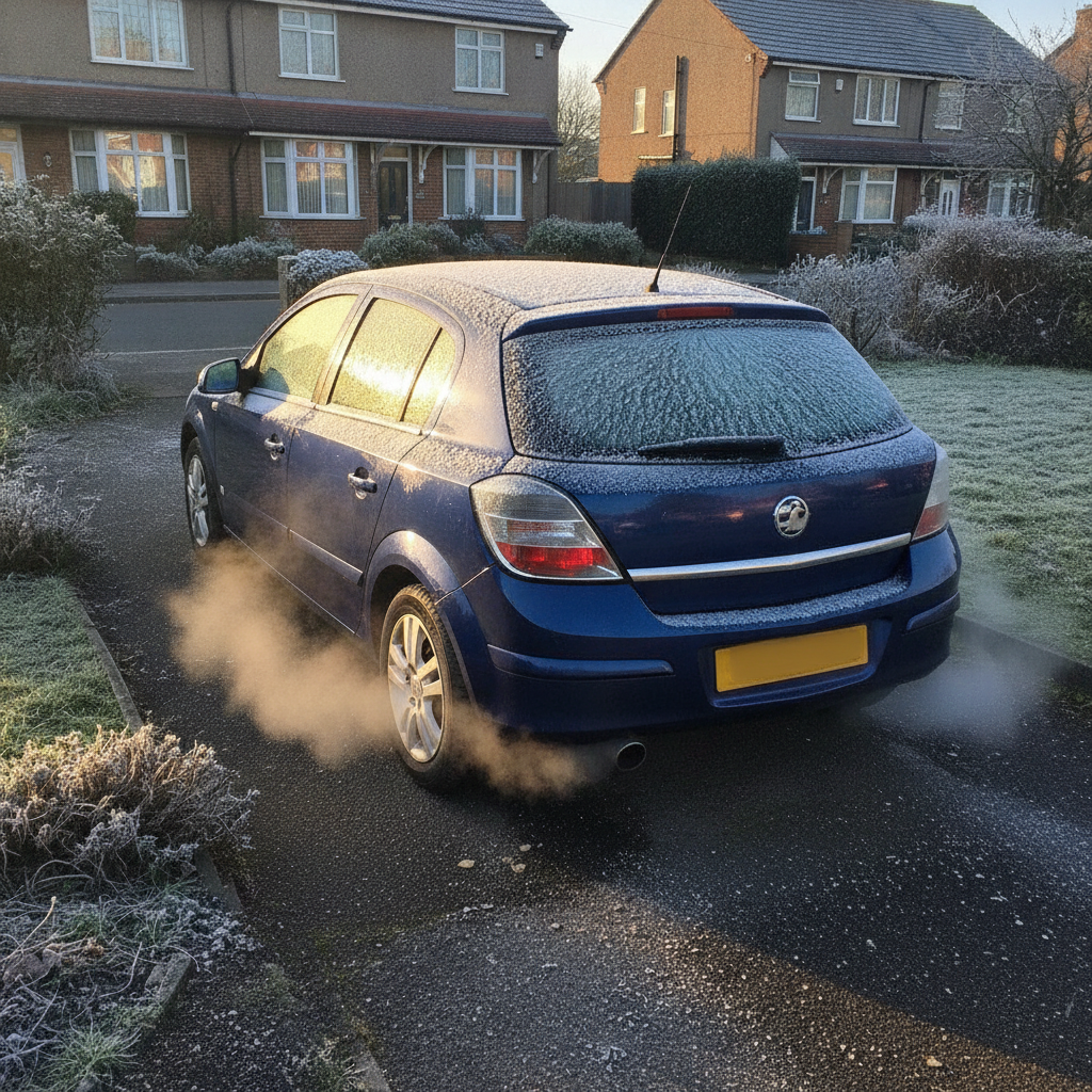 Diesel car parked on a UK driveway on a cold frosty morning with condensation visible from the exhaust