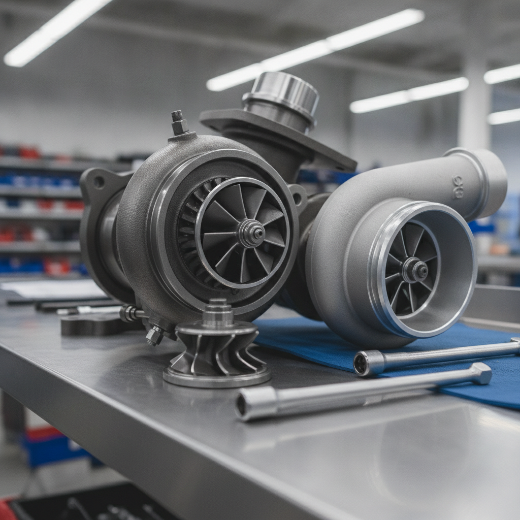 Variable geometry turbocharger removed from a diesel engine showing vane ring and compressor wheel