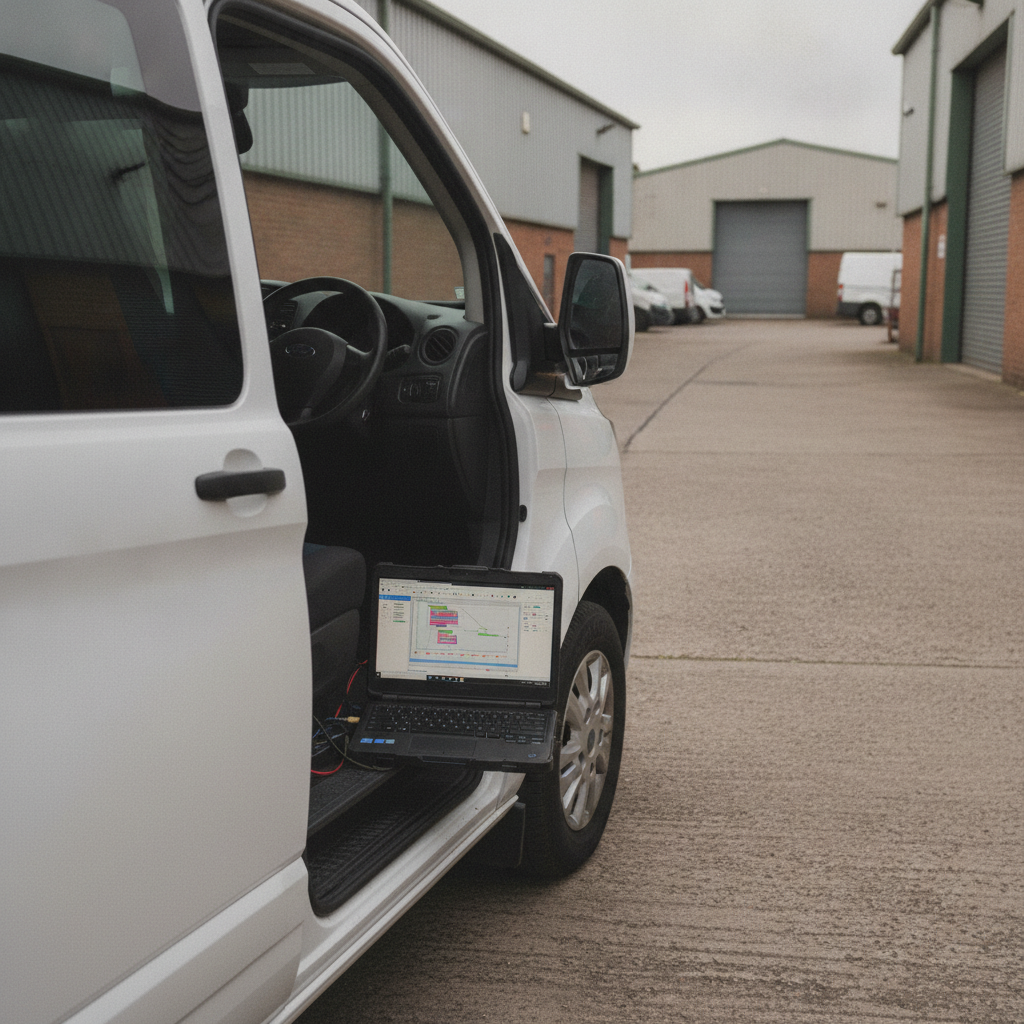 Ford Transit Custom van with ECU remapping laptop connected via OBD port at a UK location