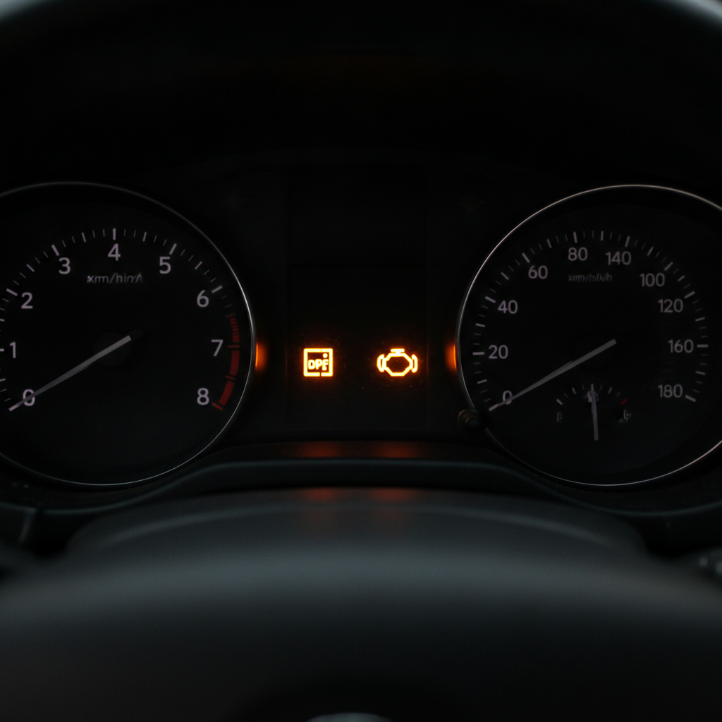 Amber DPF warning light illuminated on a diesel car dashboard instrument cluster