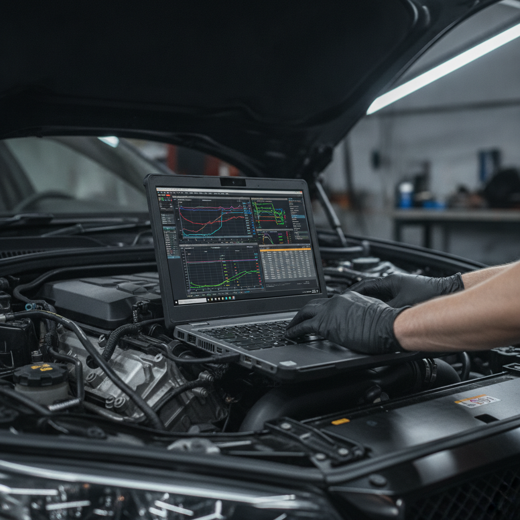 ECU tuning laptop showing remapping software maps resting on an open engine bay during a mobile session