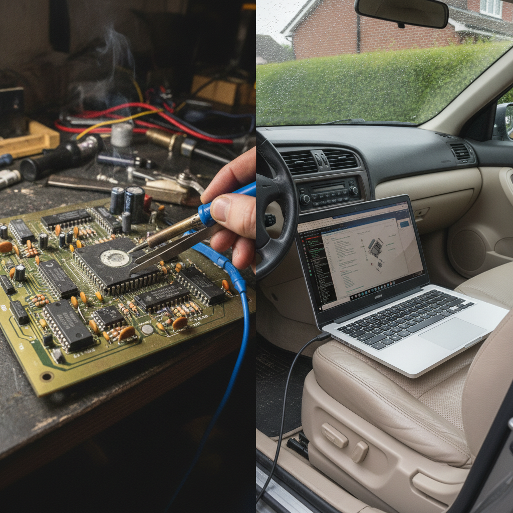 Comparison of old EPROM chip ECU tuning and modern laptop OBD remapping side by side