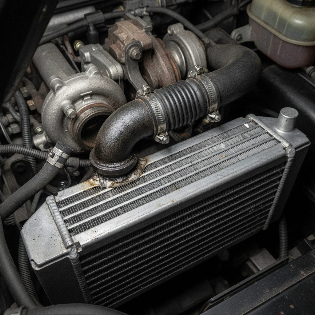 Diesel engine intercooler with boost hose connections showing oil staining in the engine bay