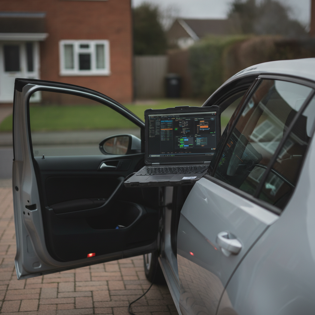 Silver Volkswagen Golf parked on a UK driveway with ECU remapping laptop on the door sill